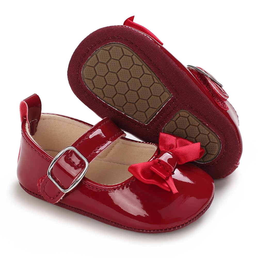 Baby Girls Mary Jane Flats, Non Slip Soft Sole, PU Leather Bowknot Dress Shoes, Newborn Infant Toddler First Walker, 0-18 Months