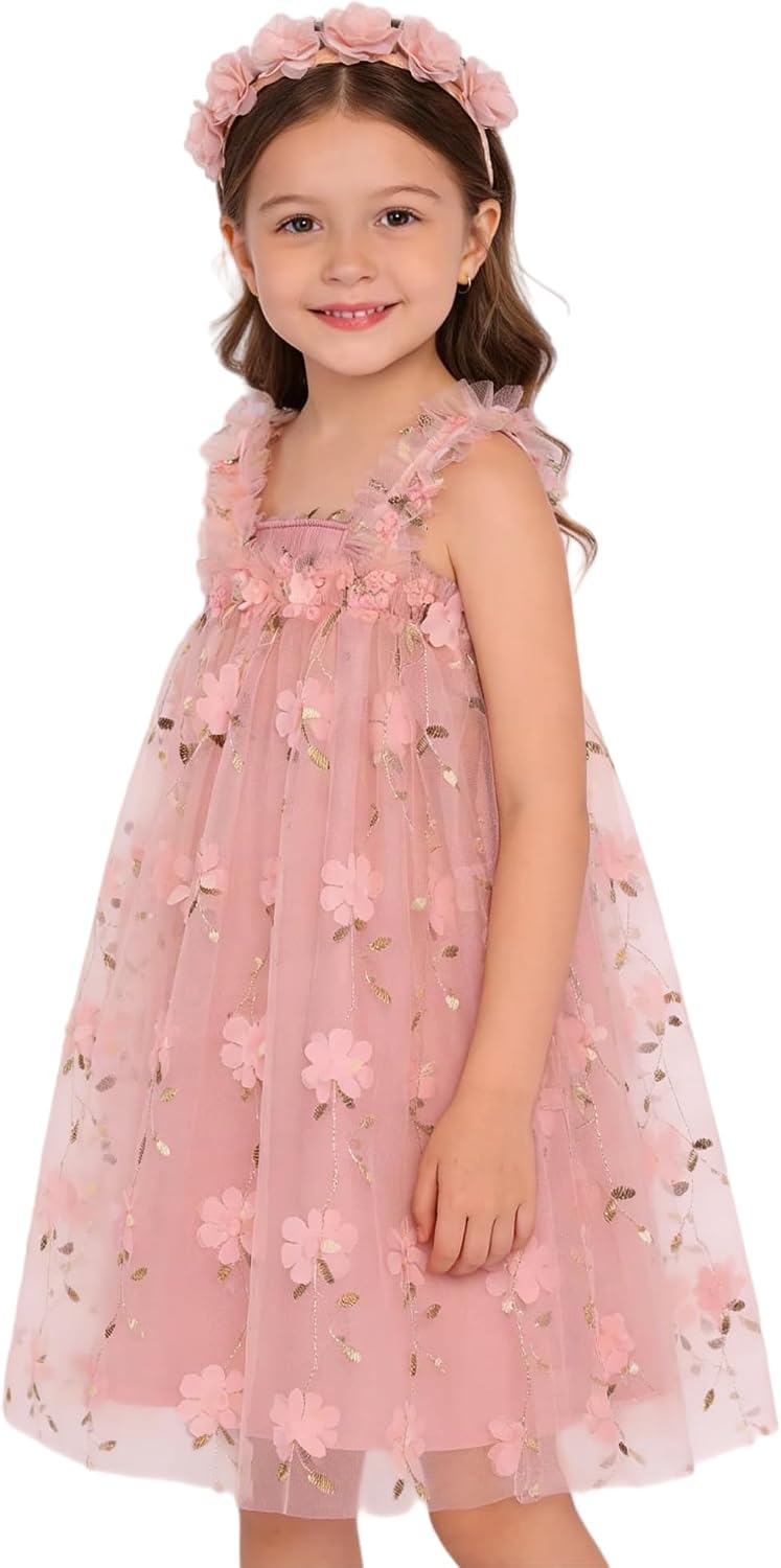 Toddler Girls Pink Sleeveless Dress 3D Floral Tulle with Flower Headband