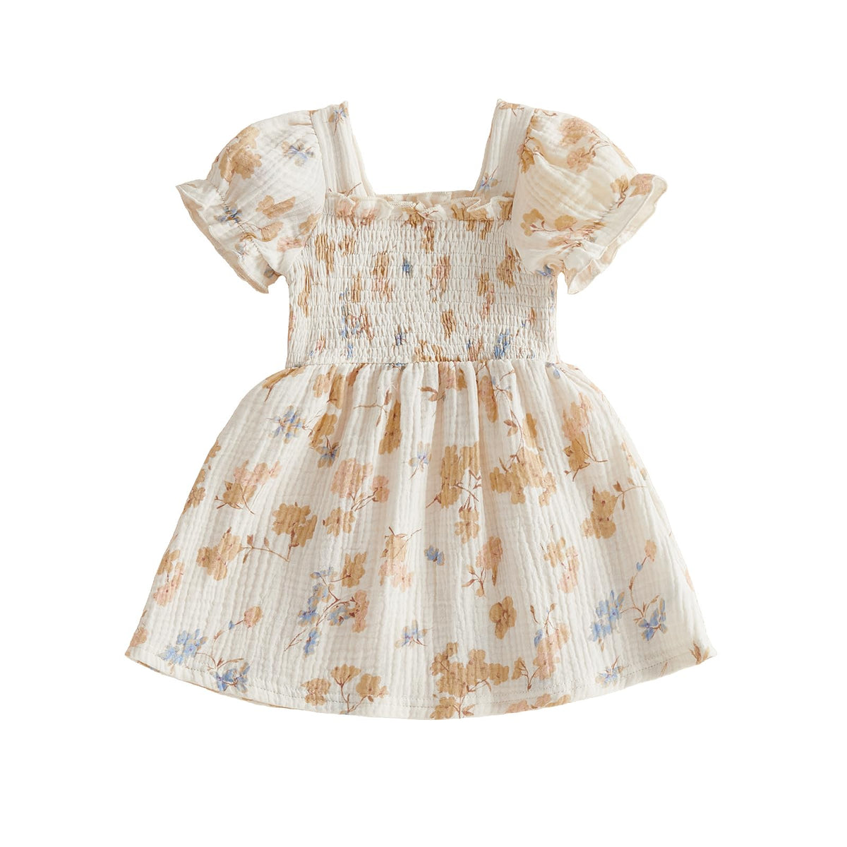 Baby Girl Floral Dress Toddler Rose Outfit Short Puff Sleeve Cotton Linen Smocked Ruffle Dresses Summer Clothes