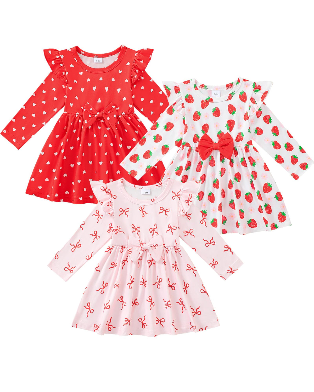3-Pack Toddler Baby Girl Bow Long Sleeve Dress Cute Outfit Clothes