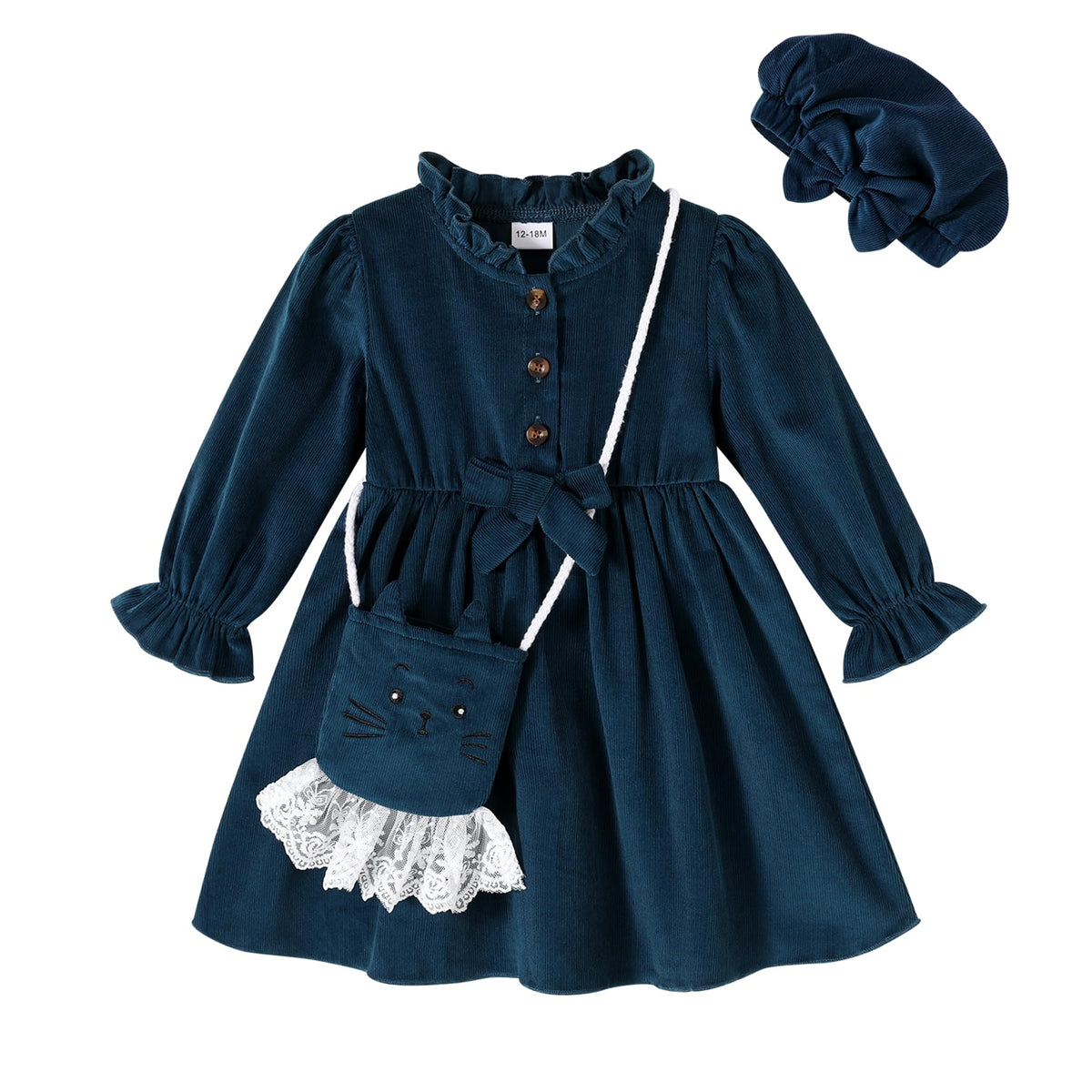 Happy Town Toddler Fall Dress Baby Girls Long Sleeve Bowknot Dresses Kids Winter Casual Outfits with Hat and Bag