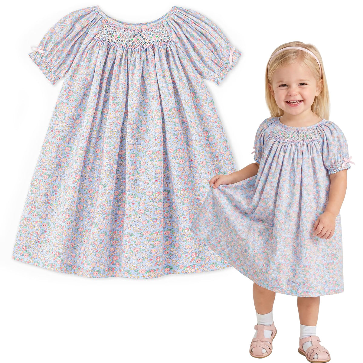 Simplee kids Baby Girl Smocked Dress Summer Casual Short Sleeve Dresses Floral Print Sundress Princess Dress for Toddlers