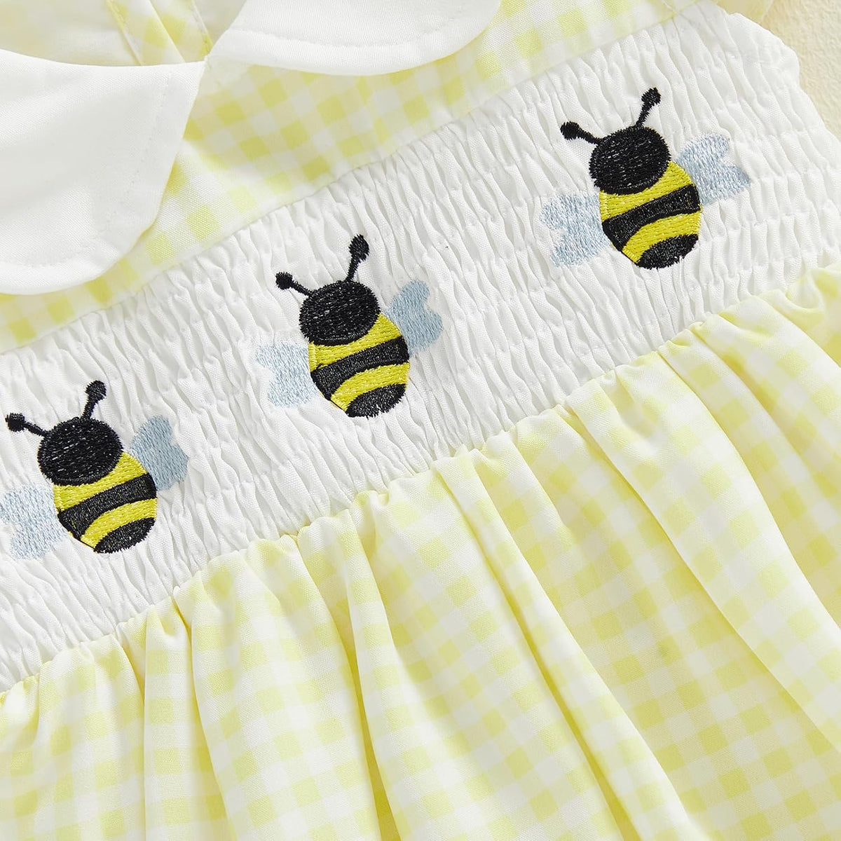 Baby Girl Summer Outfit Bee Embriodery Smocked Romper Dress Ruffle Fly Sleeve Doll Collar Plaid Dress with Headband