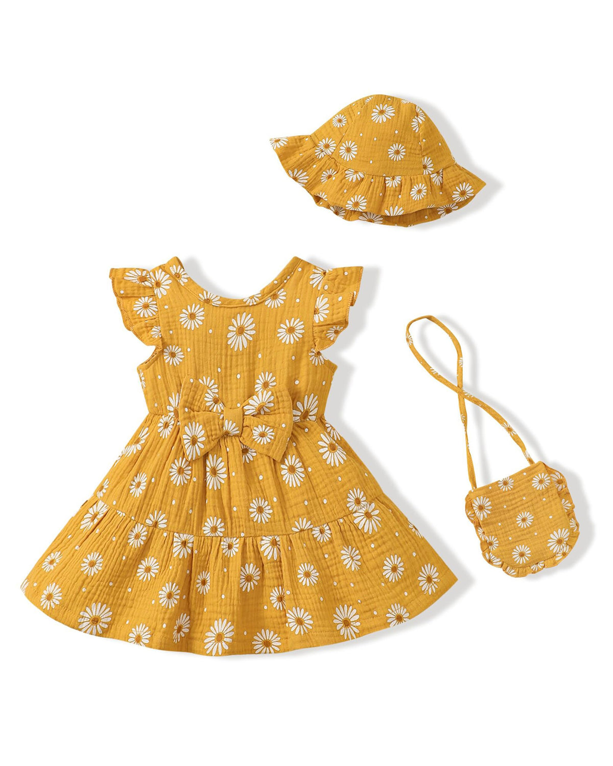 Renotemy Infant Baby Girl Summer Dress Ruffle Flutter Sleeve Bowknot Sundress Gifts Casual Clothes Outfits with Hat and Bag