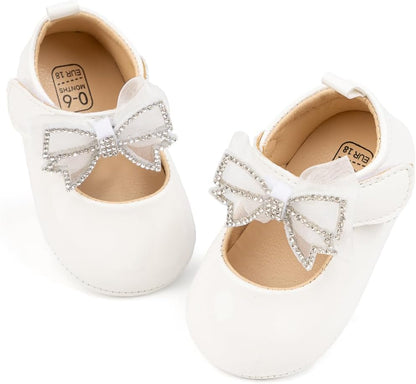 Baby Mary Jane Flats for Girls with Bowknot Cotton Anti Skid Sole Infant First Walker Princess Dress Crib Wedding Shoes