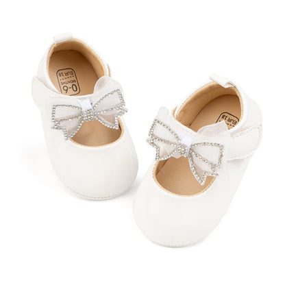 Baby Mary Jane Flats for Girls with Bowknot Cotton Anti Skid Sole Infant First Walker Princess Dress Crib Wedding Shoes