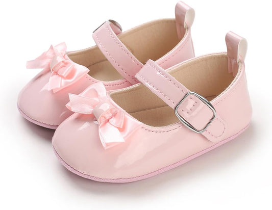 Baby Girls Mary Jane Flats, Non Slip Soft Sole, PU Leather Bowknot Dress Shoes, Newborn Infant Toddler First Walker, 0-18 Months