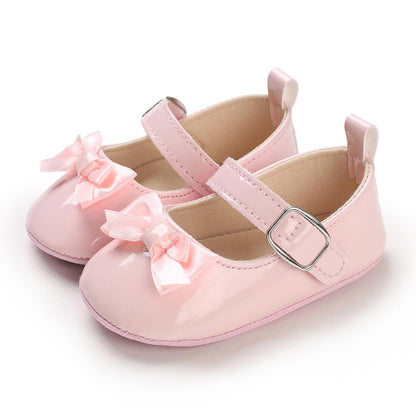 Baby Girls Mary Jane Flats, Non Slip Soft Sole, PU Leather Bowknot Dress Shoes, Newborn Infant Toddler First Walker, 0-18 Months