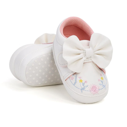 Baby Girls Mary Jane Flats with Bowknot Floral Princess Wedding Dress Shoes Soft Newborn Infant Crib First Walkers Prewalker