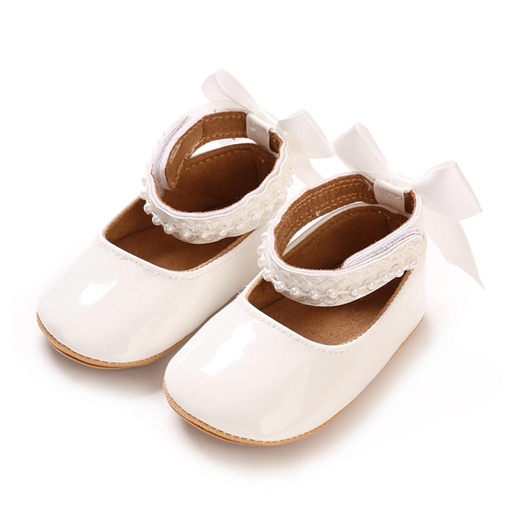 Baby Girls Mary Jane Flats, Non Slip Soft Sole, PU Leather Bowknot Dress Shoes, Newborn Infant Toddler First Walker, 0-18 Months