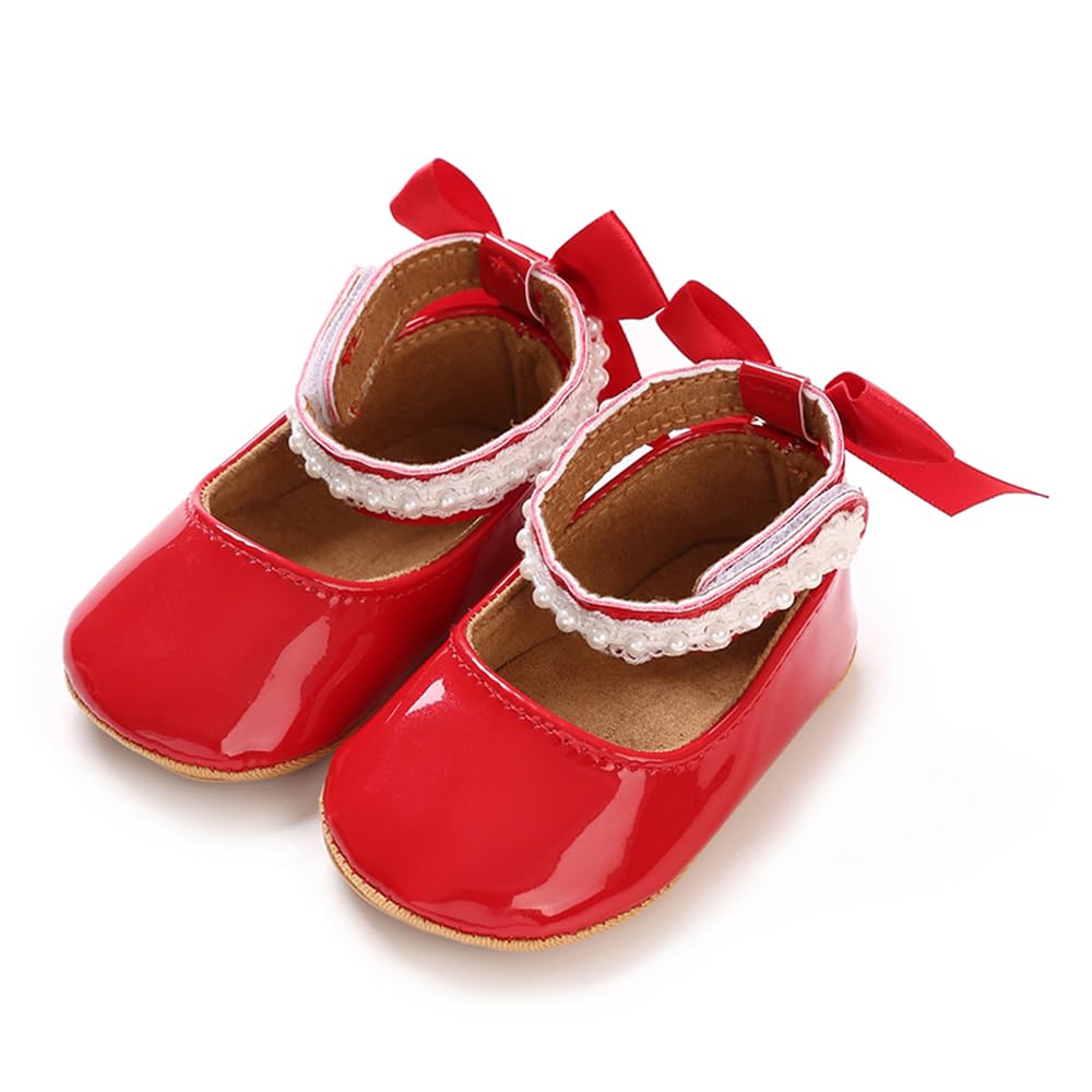 Baby Girls Mary Jane Flats, Non Slip Soft Sole, PU Leather Bowknot Dress Shoes, Newborn Infant Toddler First Walker, 0-18 Months
