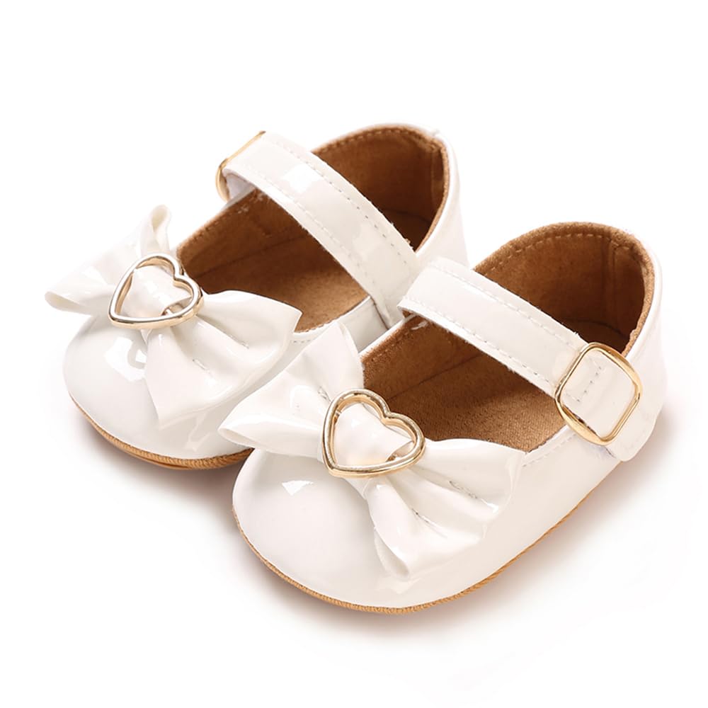 Baby Girls Mary Jane Flats, Non Slip Soft Sole, PU Leather Bowknot Dress Shoes, Newborn Infant Toddler First Walker, 0-18 Months