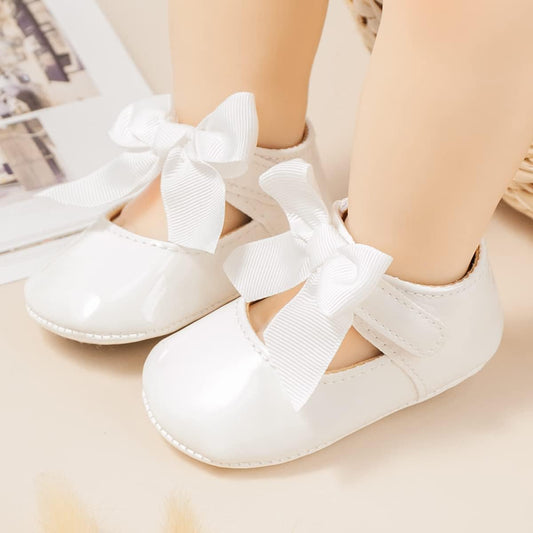 Baby Mary Jane Flats for Girls with Bowknot Cotton Anti Skid Sole Infant First Walker Princess Dress Crib Wedding Shoes