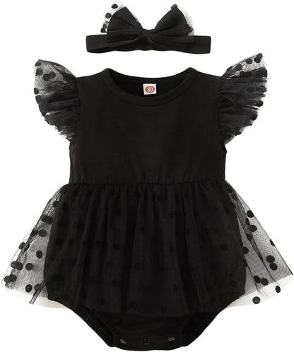 Baby Girl My Little Black Romper Dress Short Sleeve Mesh Stitching Bowknot Princess Gown Romper Party Tutu Dress
