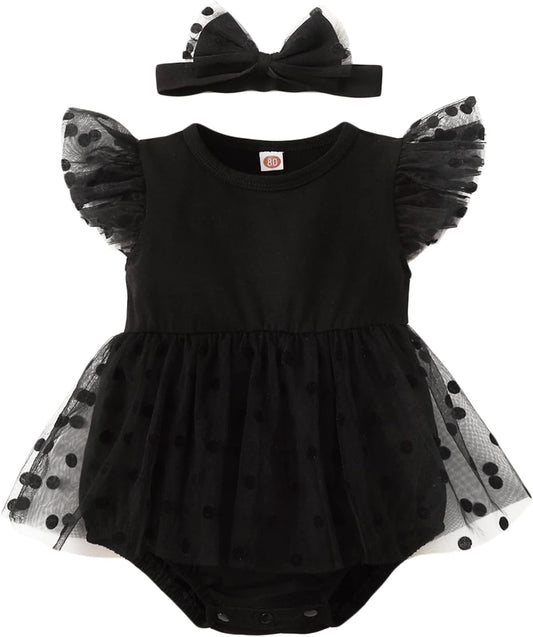 Baby Girl My Little Black Romper Dress Short Sleeve Mesh Stitching Bowknot Princess Gown Romper Party Tutu Dress