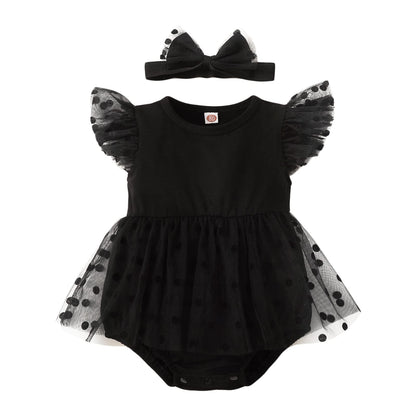 Baby Girl My Little Black Romper Dress Short Sleeve Mesh Stitching Bowknot Princess Gown Romper Party Tutu Dress