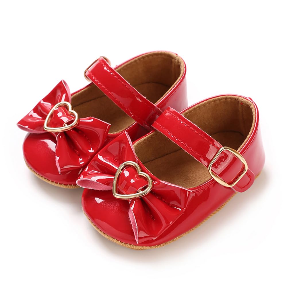 Baby Girls Mary Jane Flats, Non Slip Soft Sole, PU Leather Bowknot Dress Shoes, Newborn Infant Toddler First Walker, 0-18 Months