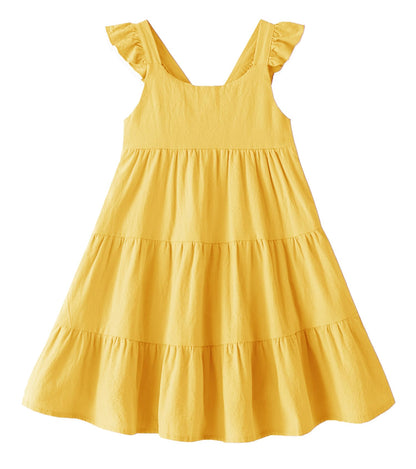 GSVIBK Girls Linen Cotton Dress Flutter Sleeve Back Cross Dress Toddler A-Line Skater Dress Baby Girl Halter Casual Sundress
