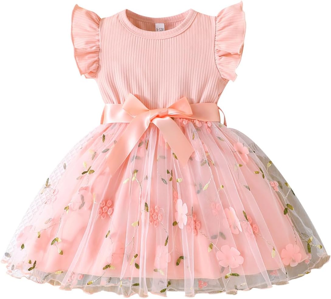 Toddler Baby Girls Tulle Tutu Dress Ruffle Sleeve Fluffy Dresses Cute Summer Sundress for Party Beach Casual