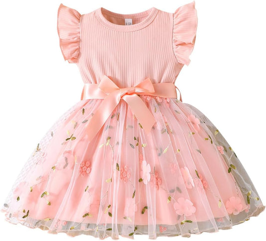 Toddler Baby Girls Tulle Tutu Dress Ruffle Sleeve Fluffy Dresses Cute Summer Sundress for Party Beach Casual