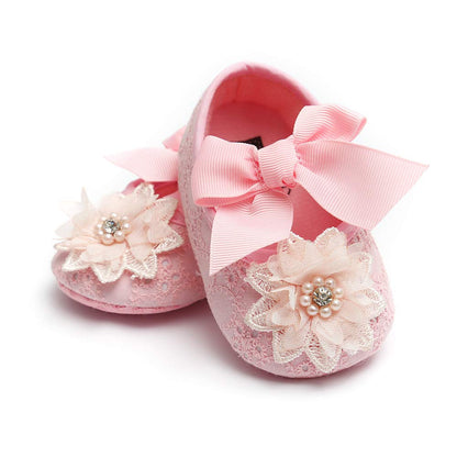 Baby Girls Mary Jane Flats with Bowknot Floral Princess Wedding Dress Shoes Soft Newborn Infant Crib First Walkers Prewalker