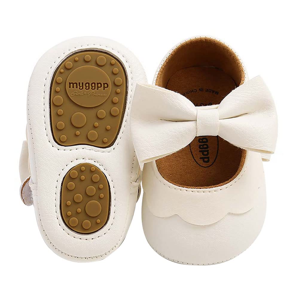 Baby Girls Mary Jane Flats, Non Slip Soft Sole, PU Leather Bowknot Dress Shoes, Newborn Infant Toddler First Walker, 0-18 Months