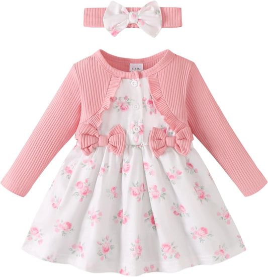 Renotemy Baby Girl Dress Fall Button Bow Outfits Toddler Clothes 3M-3T