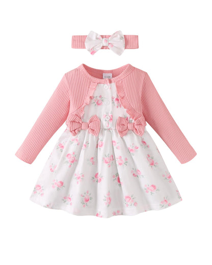 Renotemy Baby Girl Dress Fall Button Bow Outfits Toddler Clothes 3M-3T