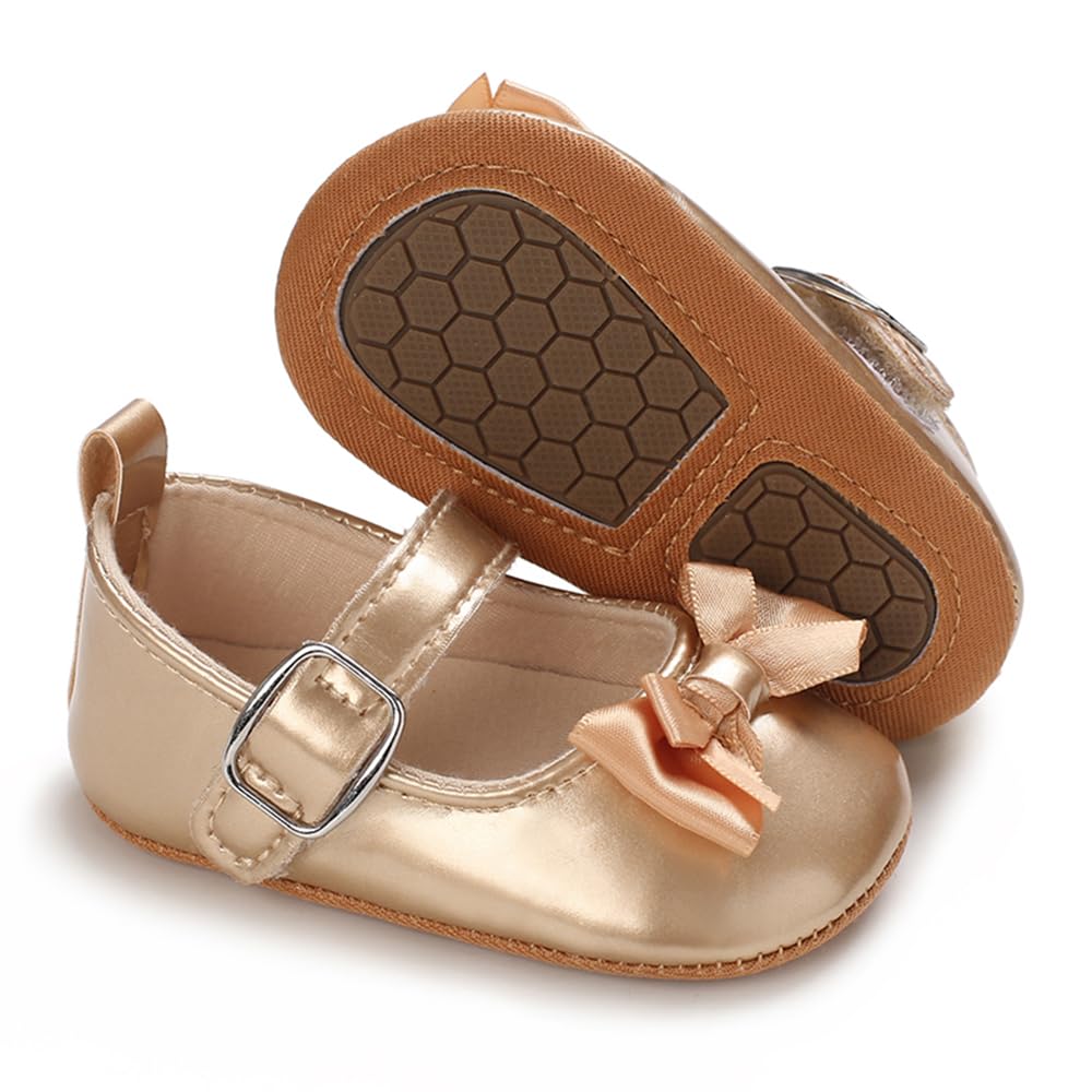 Baby Girls Mary Jane Flats, Non Slip Soft Sole, PU Leather Bowknot Dress Shoes, Newborn Infant Toddler First Walker, 0-18 Months