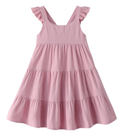 GSVIBK Girls Linen Cotton Dress Flutter Sleeve Back Cross Dress Toddler A-Line Skater Dress Baby Girl Halter Casual Sundress