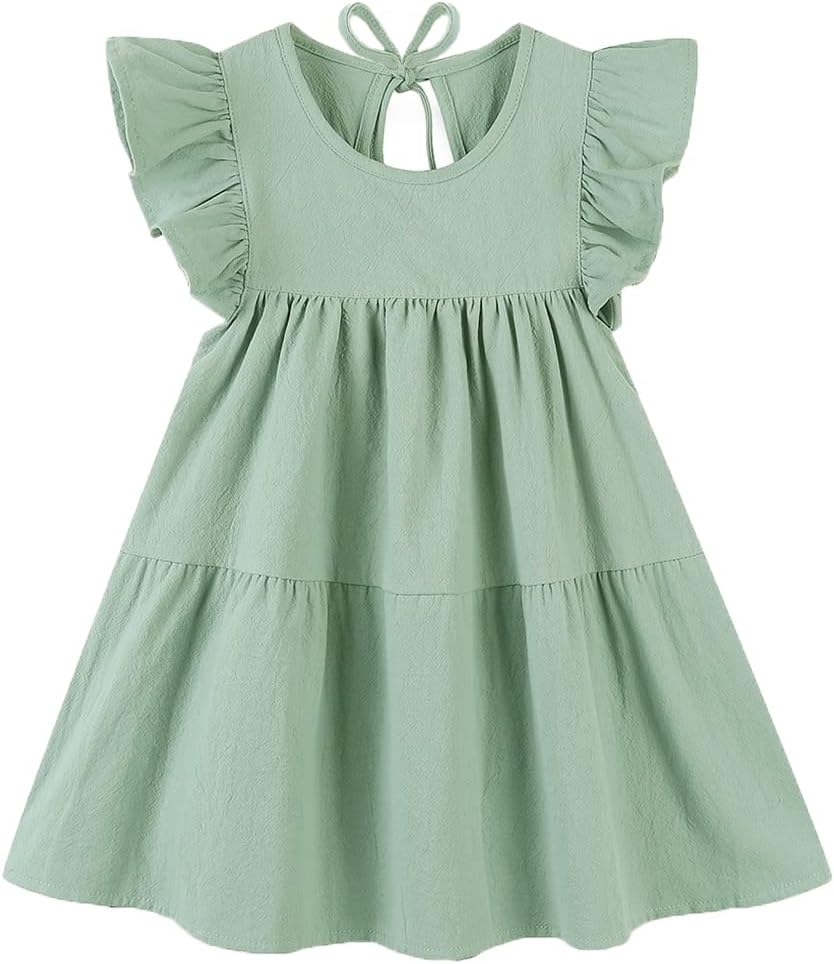 Toddler Dress Baby Girls Cotton Linen Ruffle Sleeve Tiered Swing Casual Summer Boho Dresses