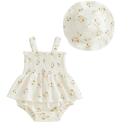 Mubineo Baby Girl Clothes Summer Dress Cotton Linen Romper Sleeveless Smocked Rompers Sun Dress Hat Skirt Boho Outfits