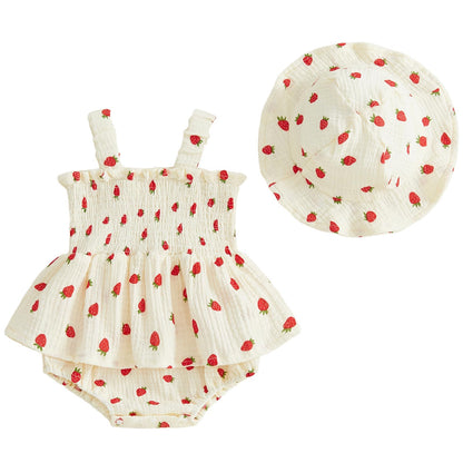 Mubineo Baby Girl Clothes Summer Dress Cotton Linen Romper Sleeveless Smocked Rompers Sun Dress Hat Skirt Boho Outfits