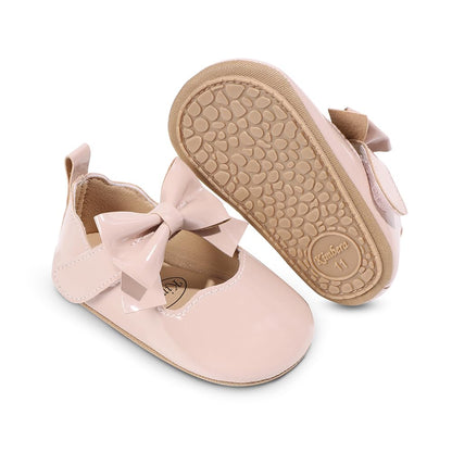 Baby Girls Mary Jane Flats, Non Slip Soft Sole, PU Leather Bowknot Dress Shoes, Newborn Infant Toddler First Walker, 0-18 Months