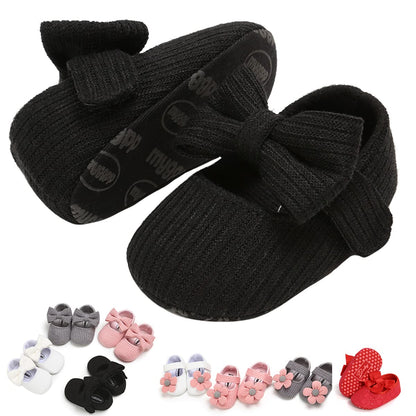 Baby Girls Mary Jane Flats with Bowknot Floral Princess Wedding Dress Shoes Soft Newborn Infant Crib First Walkers Prewalker
