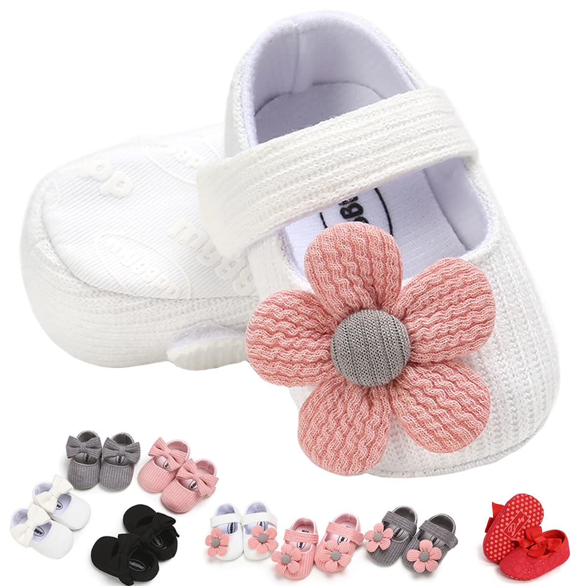 Baby Girls Mary Jane Flats with Bowknot Floral Princess Wedding Dress Shoes Soft Newborn Infant Crib First Walkers Prewalker
