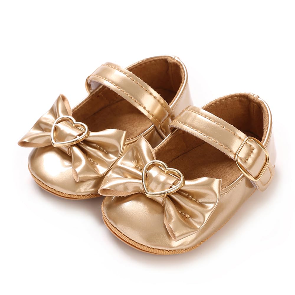 Baby Girls Mary Jane Flats, Non Slip Soft Sole, PU Leather Bowknot Dress Shoes, Newborn Infant Toddler First Walker, 0-18 Months