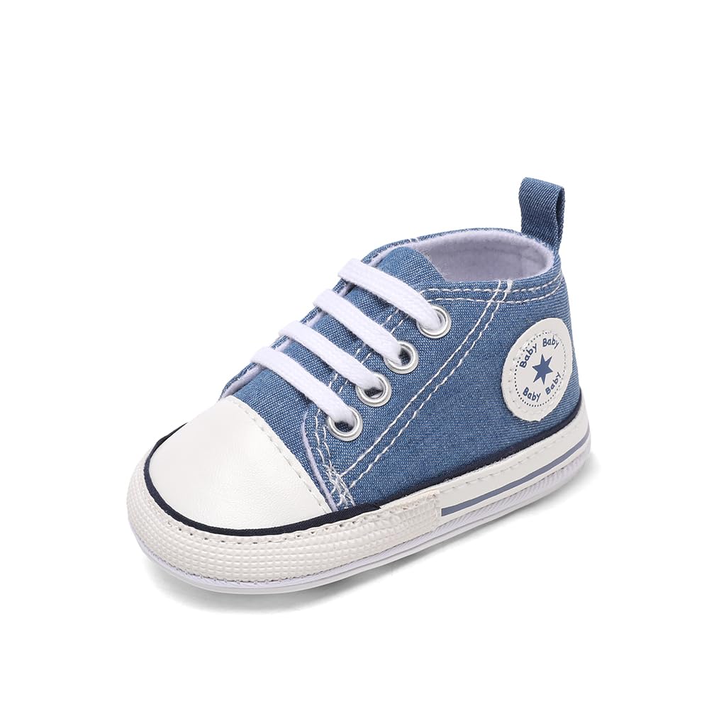 Unisex Baby Boys Girls Shoes, Newborn Infant Non-Slip Canvas Denim High Top Sneakers, Toddler First Walkers Shoes