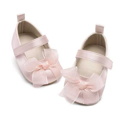 Baby Mary Jane Flats for Girls with Bowknot Cotton Anti Skid Sole Infant First Walker Princess Dress Crib Wedding Shoes