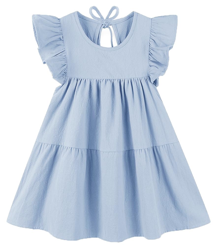 Toddler Dress Baby Girls Cotton Linen Ruffle Sleeve Tiered Swing Casual Summer Boho Dresses