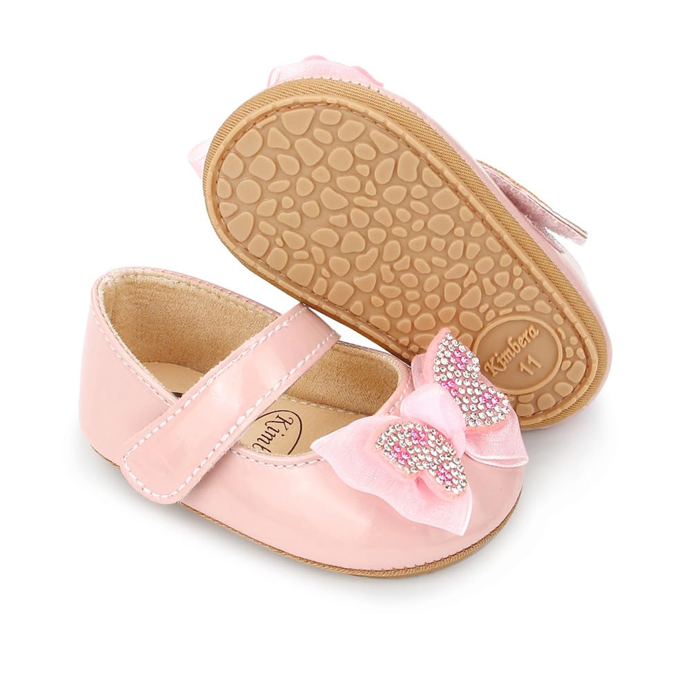 Baby Girls Mary Jane Flats, Non Slip Soft Sole, PU Leather Bowknot Dress Shoes, Newborn Infant Toddler First Walker, 0-18 Months