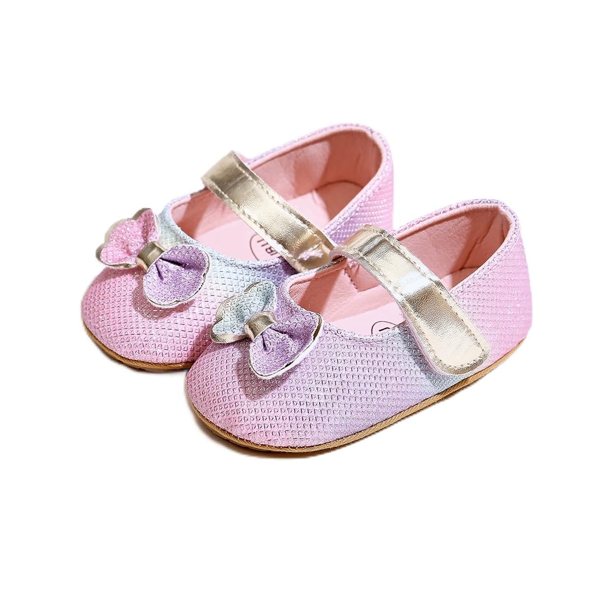 Fashion Gold Bow Baby Girl Shoes Soft Sole Crib Shoes for Infant & Toddler, Non-Slip First Walkers Newborn Baby Mary Jane Flats