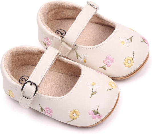 Baby Girls Mary Jane Flats Floral Princess Dress Crib Soft Sole Baby Shoes Infant First Walking Shoes