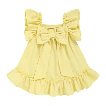 Toddler Girl Flutter Sleeve Dress, Back Bow Wrinkle Resistant Casual Outfit