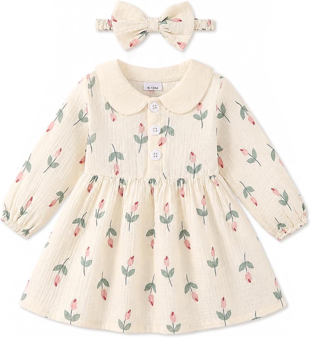 Renotemy Baby Girl Dress Fall Button Peter Pan Collar Floral Dresses 3M-3T