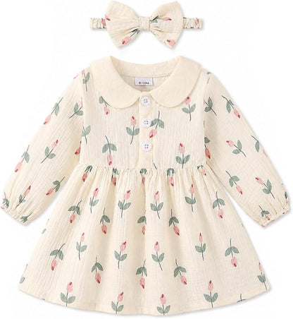 Renotemy Baby Girl Dress Fall Button Peter Pan Collar Floral Dresses 3M-3T