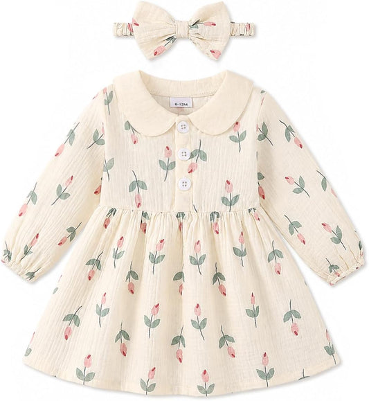 Renotemy Baby Girl Dress Fall Button Peter Pan Collar Floral Dresses 3M-3T