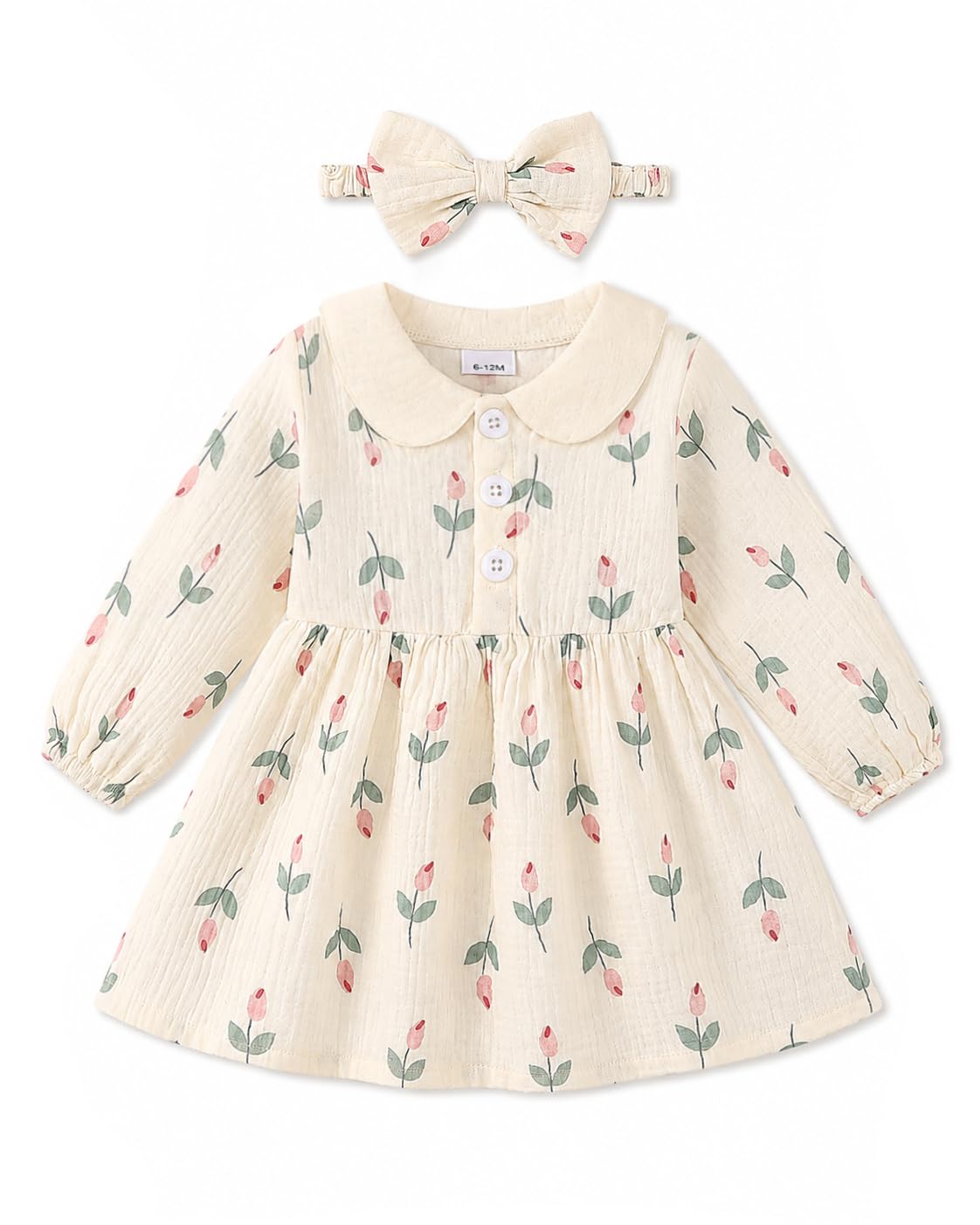 Renotemy Baby Girl Dress Fall Button Peter Pan Collar Floral Dresses 3M-3T