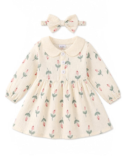 Renotemy Baby Girl Dress Fall Button Peter Pan Collar Floral Dresses 3M-3T