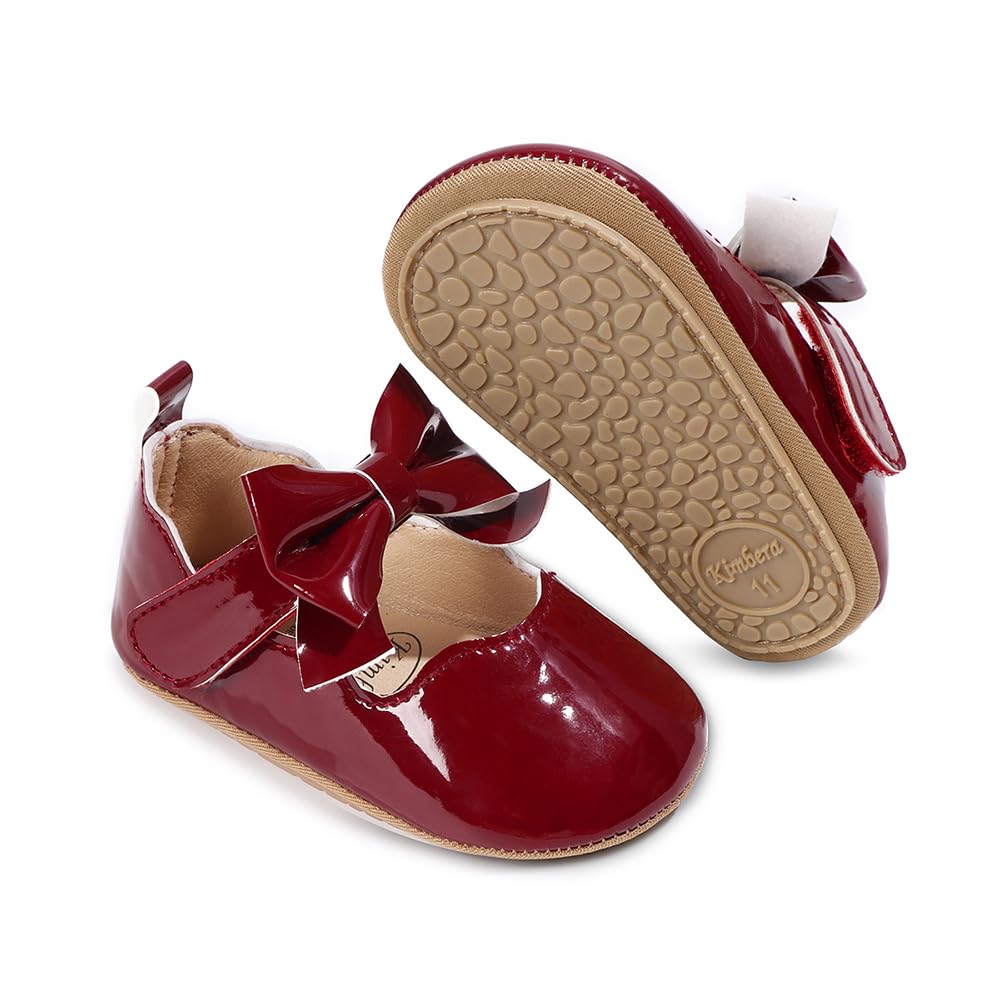 Baby Girls Mary Jane Flats, Non Slip Soft Sole, PU Leather Bowknot Dress Shoes, Newborn Infant Toddler First Walker, 0-18 Months